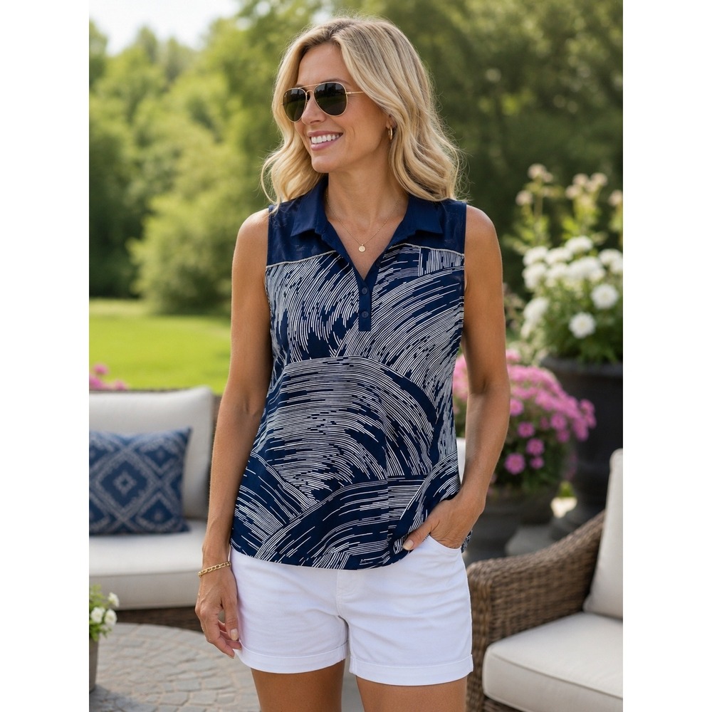 EP New York Sleeveless Golf Polo Women 1X Navy Blue Abstract Print EUC Hemmed